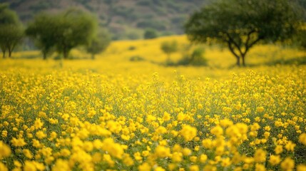 Obraz premium Vibrant Yellow Flower Field Under Clear Blue Sky in Spring