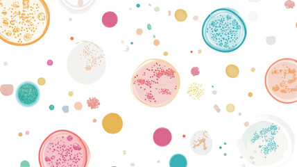 The image is a seamless pattern featuring various sizes of overlapping circles on a white background.  The circles are filled with different pastel colors and contain subtle internal designs or