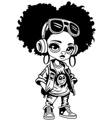 Cool urban girl. Afro hair, streetwear fashion. Black and white vector illustration, perfect for prints, cut file and designs