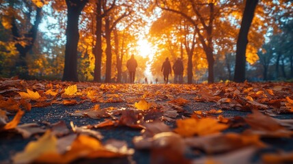 Children Walking Through Autumn Forest Path Covered with Colorful Leaves and Soft Sunlight