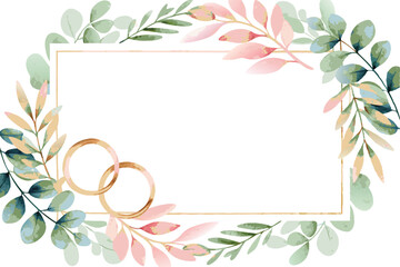 Fototapeta premium Elegant Watercolor Wedding Invitation Frame with Gold Rings and Delicate Greenery