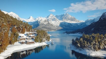 Aerial View of Sichuan's Qutang Gorge, Snow-Covered Mountains, Crystal-Clear Waters, Blue Sky, Tranquil Atmosphere,