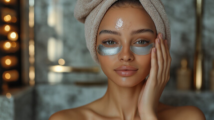 A biracial woman with a towel wrapped around her head applies a facial treatment while standing in a stylish bathroom. Soft lighting accentuates her healthy skin
