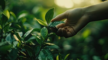 Hand Gently Touching Green Tea Leaves in a Sunlit Garden