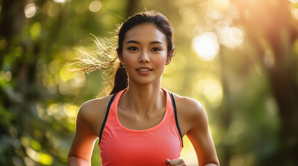 Young woman runner in a green forest, sunlight through trees, vibrant and serene.