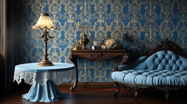 A richly decorated Victorian parlor featuring blue and gold damask wallpaper