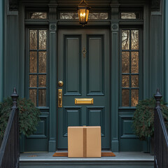 A minimal package sits on the porch of a home, positioned carefully in front of a dark green door. Autumn foliage surrounds the entrance, enhancing the tranquil setting