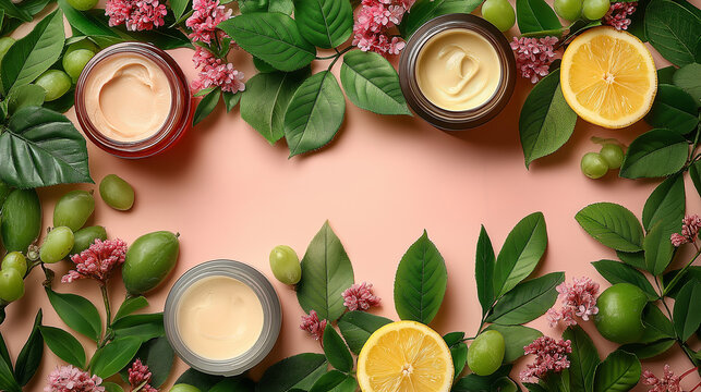 Natural cosmetic products are beautifully displayed among fresh leaves and citrus fruits, creating a vibrant and refreshing setting. The warm background enhances the organic vibe