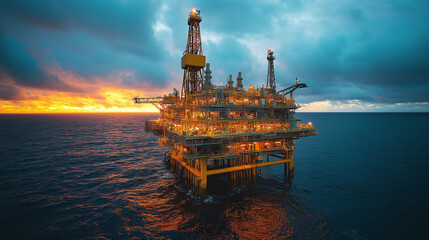 Obraz premium An offshore oil pump rig actively extracting oil as the sun sets on the horizon. The sky is filled with vibrant colors, highlighting the industrial structure in the ocean