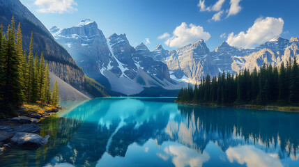 Moraine Lake, Alberta – Turquoise glacial lake surrounded by the Valley of the Ten Peaks, with reflections of towering mountains, lake and mountains