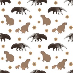seamless animal pattern with capybara and anteater on white background 