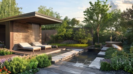 Modern backyard with a swimming pool, a stone wall, and lounge chairs.