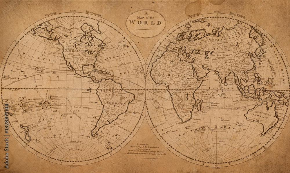 Poster old geographical map of the world of the 18 century. collage. a good background for design on the th