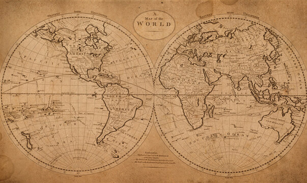 Old geographical map of the world of the 18 century. Collage. A good background for design on the theme of travel, geography, history, voyage, etc. Ancient map background.