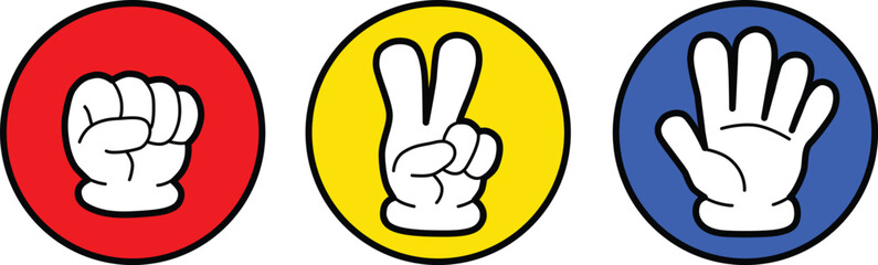 Rock, scissors, paper hand gesture icon set. Line drawing. Red, yellow, blue. Vector illustration	