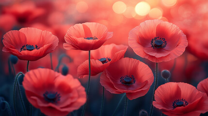 Red poppy flowers bloom beautifully in a meadow, their petals glowing warmly as the sun sets. Nature showcases vibrant colors, inviting a serene atmosphere for all who gaze upon them