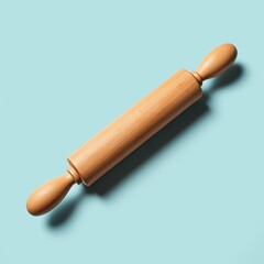 Rustic wooden rolling pin on light blue background, culinary essentials