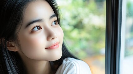 Close up side view, young 25s Asian woman with attractive appearance, smooth skin, long black hair, minimal makeup looking out window with pretty smile, moment of deep reflection, ponder, daydreams 