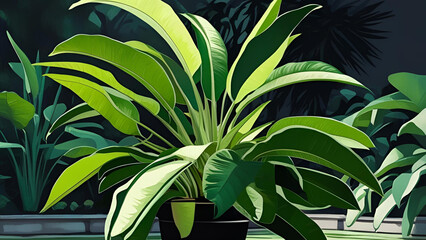 In the garden, the leaves of Spathiphyllum cannifolium create an abstract green texture, complemented by a dark-toned natural backdrop, embodying the essence of tropical foliage