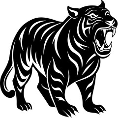 Fototapeta premium a bold black silhouette of a tiger in a roaring pose, with its mouth open and sharp teeth visible 