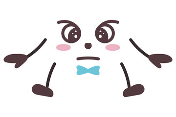Angry expression. Face with angry emotions. Frowning look, threatening pose, arms to the sides, bow tie. Color vector illustration. Isolated white background. Evil grimace. 