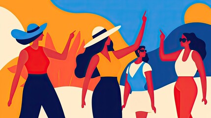 Summer concerts music dance. Vibrant illustration of four women enjoying a sunny outdoor setting.