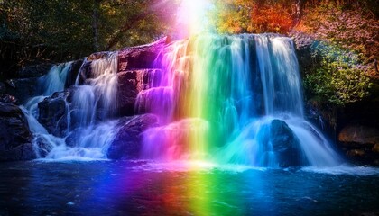 Obraz premium A waterfall infused with glowing chakra energy, cascading down in vibrant colors, creating a harmonious blend of nature and spiritual power