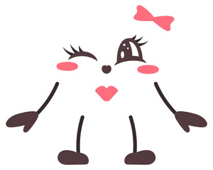 Winking facial expression. Smile on face, bow decoration, eyelashes, air kiss, arms out to the sides. Female face with positive emotions. Color vector illustration. Isolated white background. Cartoon 