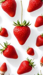 The image is a flat lay of a group of fresh strawberries on a white background. The strawberries are arranged in a scattered manner, with some overlapping each other. The topmost strawberry is in the 