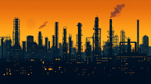 Industrial factories silhouette background. Horizontal seamless pattern. Oil refinery complex with pipes and tanks gas production.