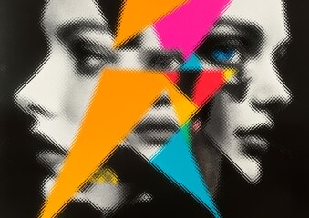 Abstract background with faces collage black and white and colours elements, psychology, stress wallpaper illustration, Generative AI with halftone texture overlaid with vibrant geometric shapes