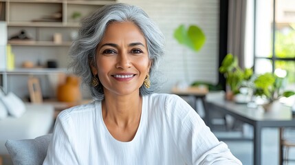 Confident and joyful middle-aged 65s Indian woman sitting in relaxed pose in modern, well-lit living space, looking at camera, radiates positivity and joy, relish weekend rest alone at home, portrait
