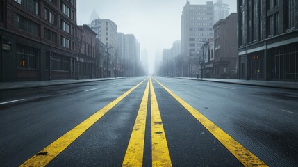 Fototapeta premium Urban road with yellow lane lines stretching through city buildings on a foggy day