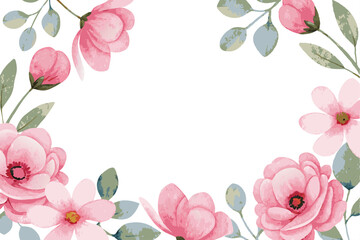 Beautiful Watercolor Pink Flowers and Green Leaves Frame for Wedding Invitation or Greeting Card