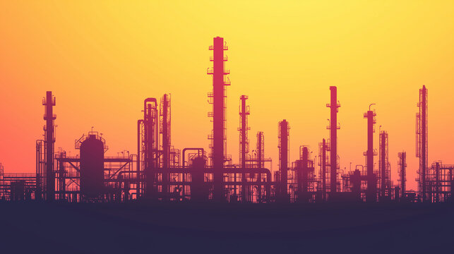 Industrial factories silhouette background. Horizontal seamless pattern. Oil refinery complex with pipes and tanks gas production.
