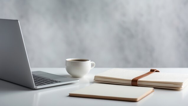 Workspace with laptop, coffee cup, and notebooks arranged on a clean desk for productive study or office hours
