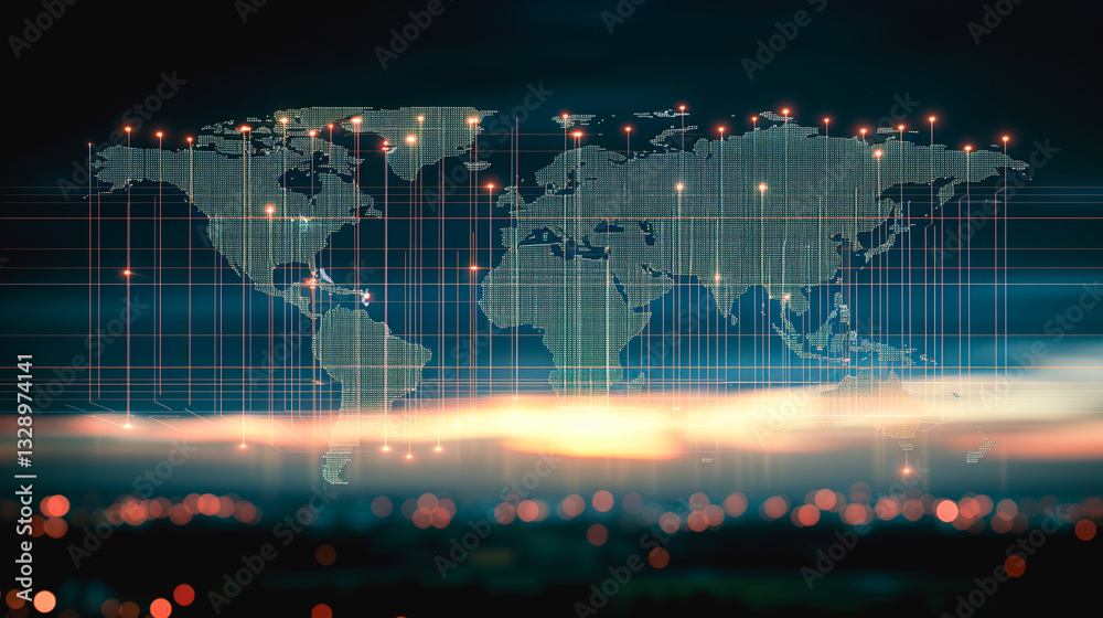 Poster global connectivity: a digital representation of the world map illuminated with glowing data points 