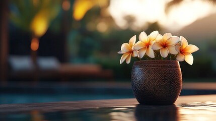 Relaxing flowers by a pool at sunset