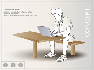 A man in loose clothes works on a laptop at a table in the park.