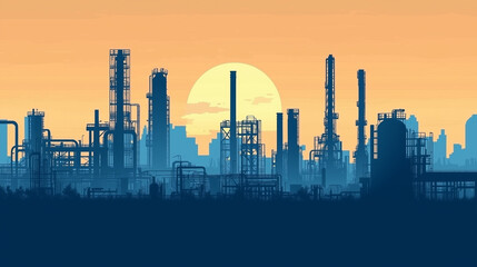 Fototapeta premium Industrial factories silhouette background. Horizontal seamless pattern. Oil refinery complex with pipes and tanks gas production. 