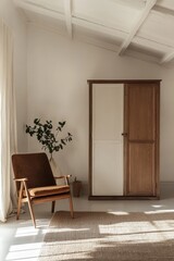 Modern wardrobe, armchair, sunlight, minimalist bedroom, home decor