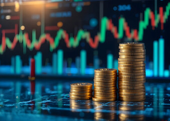 Financial profitability and stack of coins with digital graphic background.