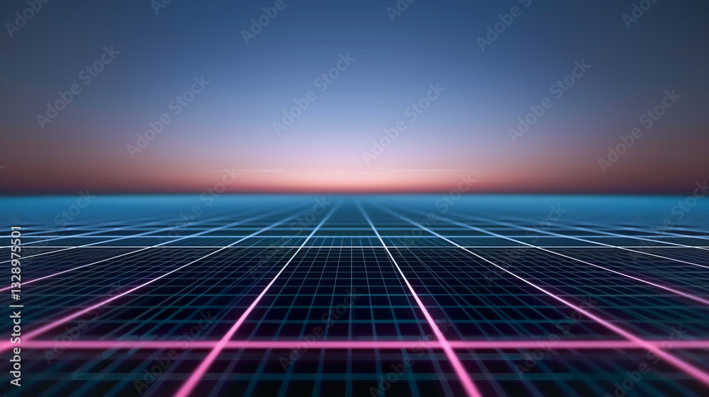 Poster digital horizon: a vibrant digital grid extends into the distance under a gradient sky, creating a s