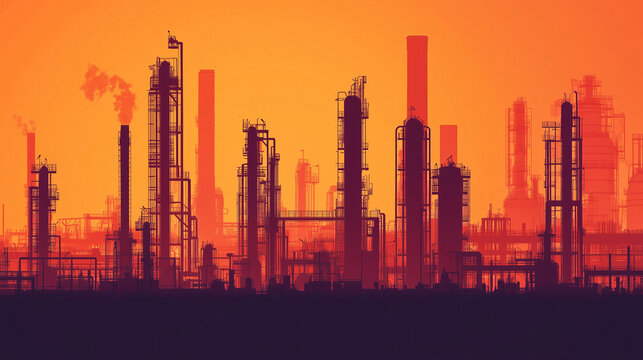 Industrial factories silhouette background. Horizontal seamless pattern. Oil refinery complex with pipes and tanks gas production.
