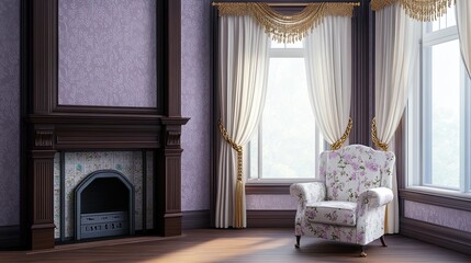 Fototapeta premium A serene Victorian space with pastel violet wallpaper