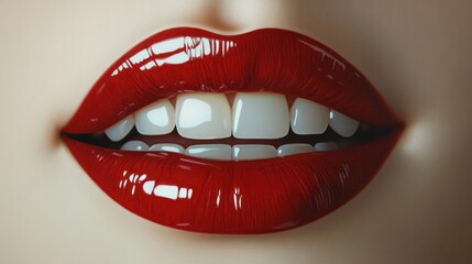 Obraz premium close-up of glossy lips beautiful teeth with veneers perfect smile in photorealistic style