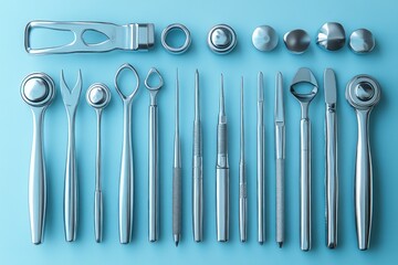 Modern Minimalistic Still Life of Surgical Instruments for Dental Care and Treatment on White Background