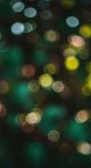 Obraz premium Soft, circular bokeh lights scatter across a dark, textured backdrop, blending green, yellow, and subtle pink hues in a dreamy, abstract display of light.
