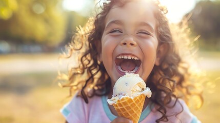 Naklejka premium A young girl with curly hair laughs as she eats a cone of ice cream.