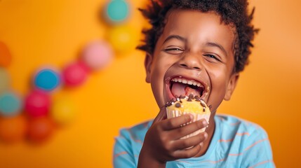 Naklejka premium A young boy with curly hair laughs while eating a cupcake.